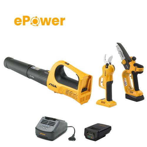 באנדל הגינה המוכנה מפוח+מסור מינ+מזמרה 100+סוללה 2 אמפר ומט סטיגה