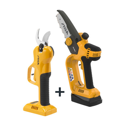 באנדל מסור נטען מיני PR 100e + מזמרה SC 100e + סוללה 2 אמפר סטיגה