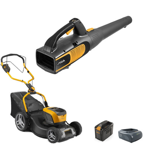 באנדל הגן הנוצץ מכסחת נסיעה+מפוח 700+שתי סוללות 4 ומטען סטיגה